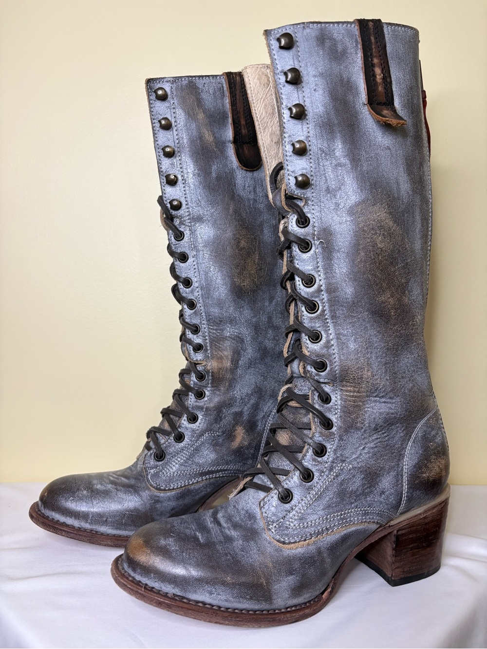 John Fluevog Distressed Blue-Gray Lace-Up Knee Boots Size 8